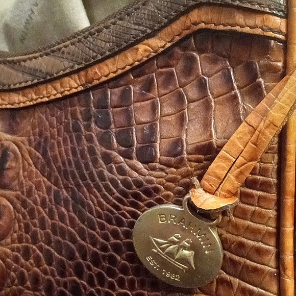 BRAHMIN " Lacy " Pecan Tri Color Multi Texture Small Hobo Shoulder Bag Purse. - Picture 12 of 13